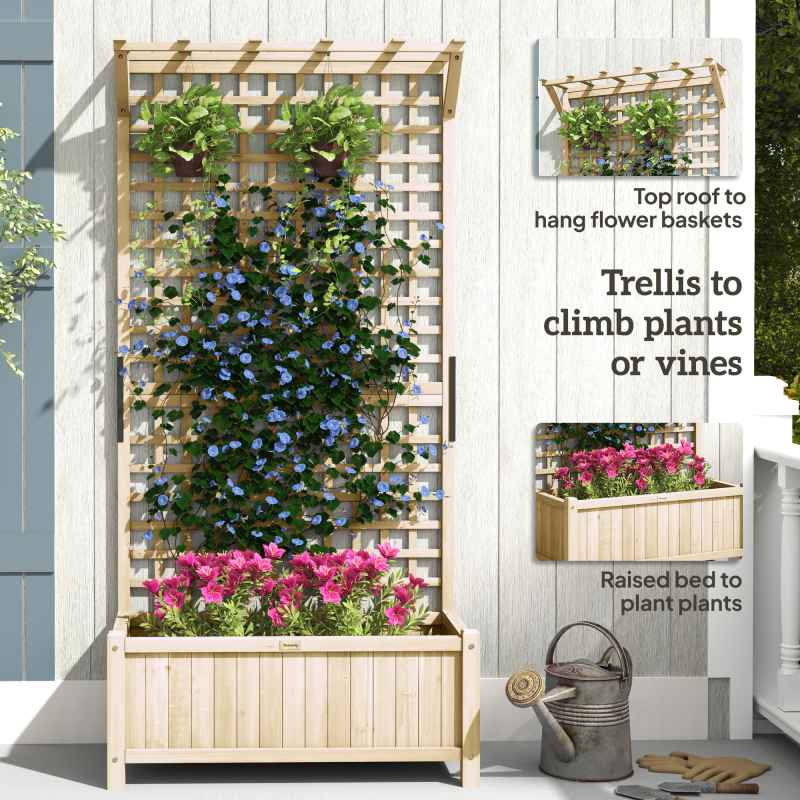 Outsunny Wood Planter with Trellis for Climbing Plants, Raised Bed, Planter Box with Drainage Holes to Grow Vegetables, Herbs and Flowers for Garden, Patio, Yard, Natural Wood Finish