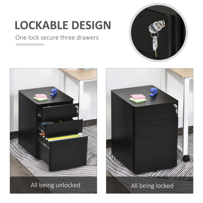 Vinsetto 3-Drawer Mobile Filing Cabinet, Steel Lockable File Cabinet for A4, Legal, Letter, Compact Under Desk Storage Unit with Pre-Assembled Body Except Wheels for Home Office, 39 x 48 x 59cm, Black