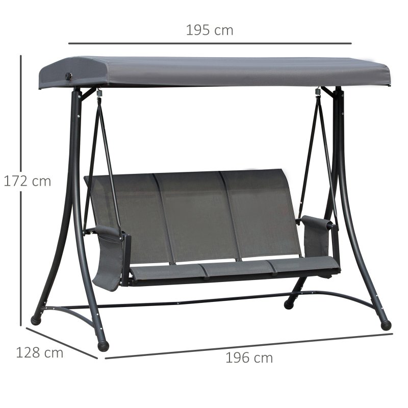 Outsunny 3 Seater Garden Swing Seat Outdoor Swing Chair with High Back Design, Steel Frame, Side Pouches, Adjustable Canopy, Charcoal Grey