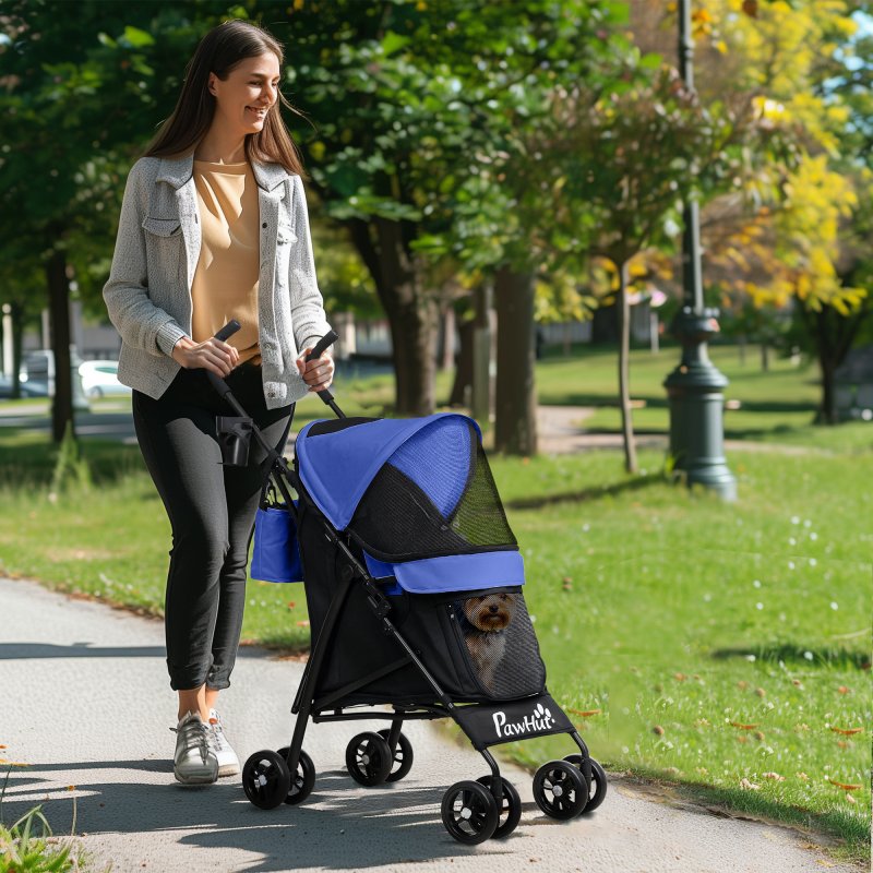 PawHut Pet stroller for Miniature Dogs, Foldable Dog Stroller with Shoulder Strap, 4 Wheels Pet Pram with Storage Bag, Cup Holder, Dark Blue
