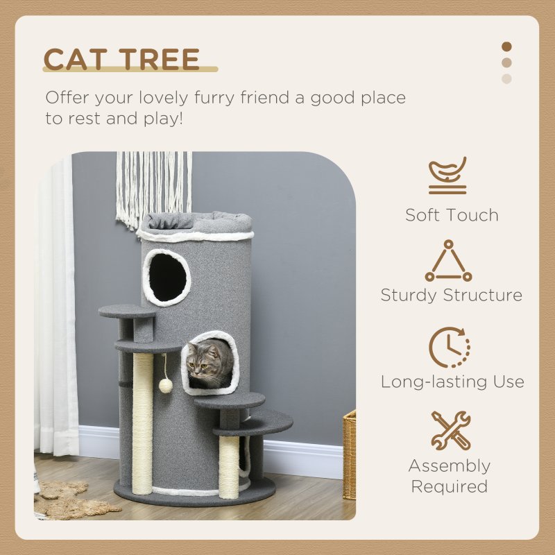PawHut Cat Tree for Indoor Cats, 3 Tier Cat Tower Barrel Shaped with Sisal Scratching Posts, Cat Bed, Platforms, Hanging Ball, Grey