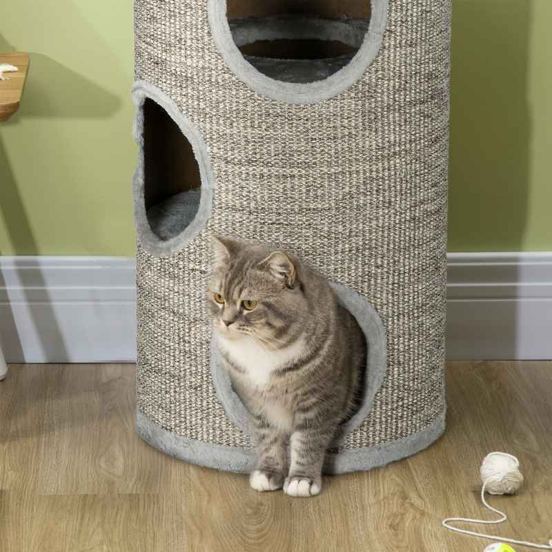 PawHut Cat Barrel Kitten Tree Tower for Indoor Cats, Cat Climbing Frame, Covered in Sisal, Cosy Platform - Light Grey