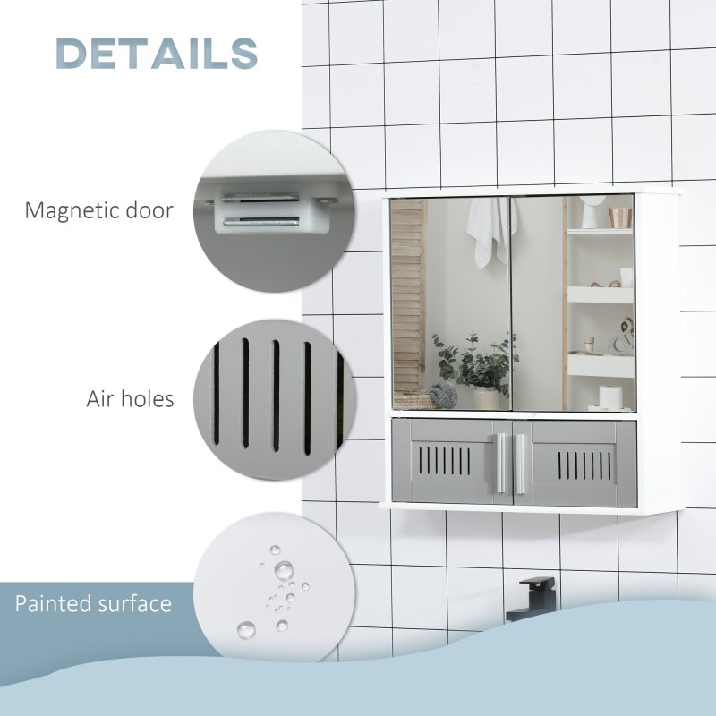 kleankin Bathroom Mirror Cabinet, Wall Mounted Storage Cupboard with Double Doors and Adjustable Shelf, Bathroom Organizer