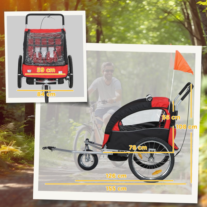 HOMCOM 2 Seat Bike Trailer for Kids, Baby Bike Stroller with 5 Point Harness, Child Bicycle Trailer with Safety Flag, Reflectors, Windproof Curtain, for 18+ Months, Red