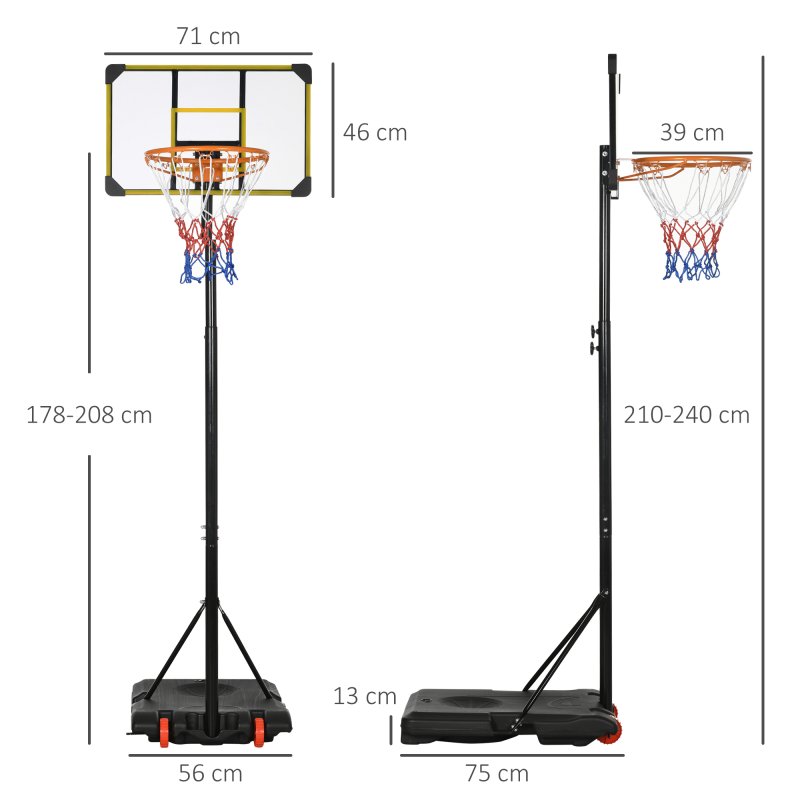 SPORTNOW Height Adjustable, Basketball Hoop and Stand with Firm Backboard and Weighted Base, Portable on Wheels, 1.8-2.1m, Yellow