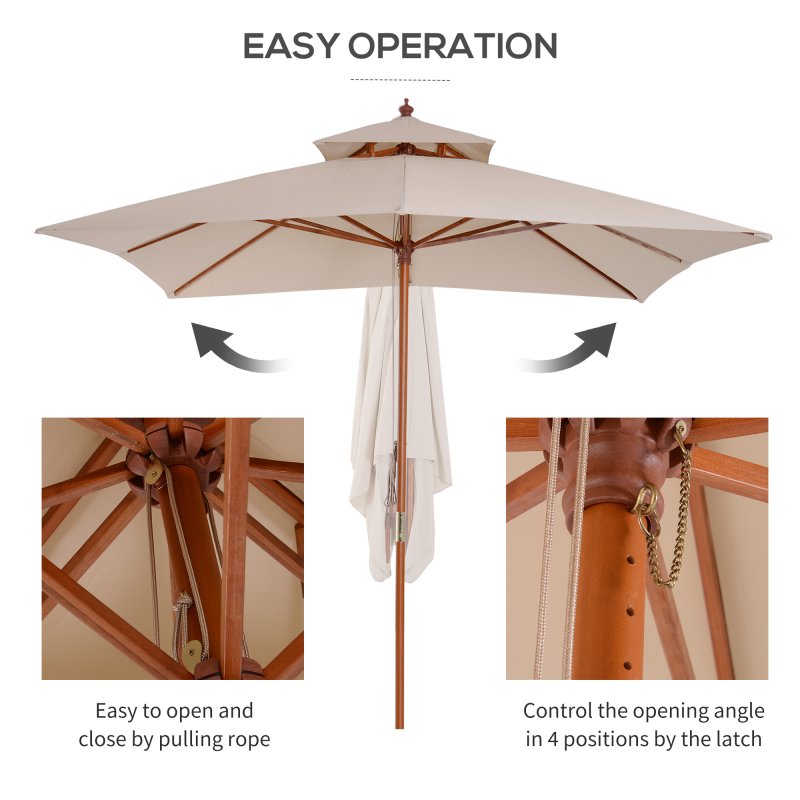 Outsunny 3 x 3 (m) Garden Parasol Umbrella, Large Square Outdoor Patio Sunshade Canopy with Double Tier, 48 mm Wooden Pole, 8 Ribs for Balcony, Beige