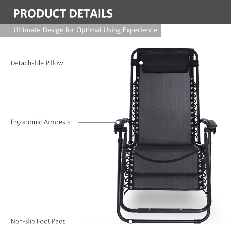 Outsunny Zero Gravity Chair Metal Frame Texteline Armchair Outdoor Folding and Reclining Sun Lounger with Head Pillow for Patio Decking Gardens Camping, Black