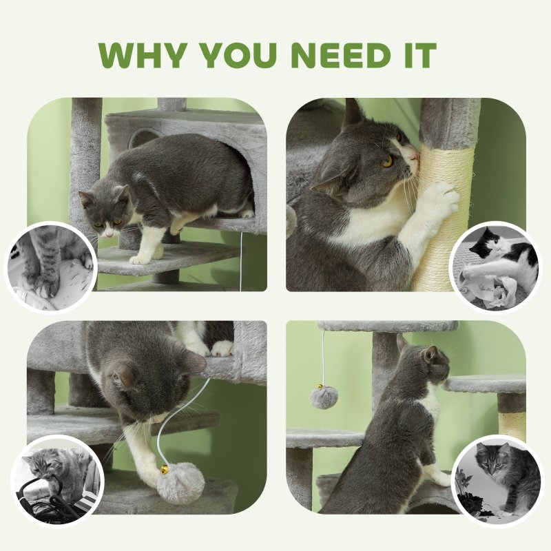 PawHut Cat Tree, 138cm Cat Tower with Sisal Scratching Posts and Pad, Bed, Condos, Platforms, Toy Balls, Anti-Tip Kit, Kitten Activity Centre for Indoor, Light Grey