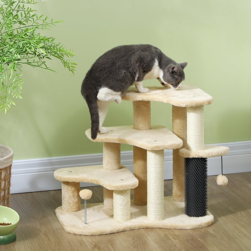 Pet Steps for Bed and Sofa Dog Cat Stairs w/ Scratching Tickling Post, Beige
