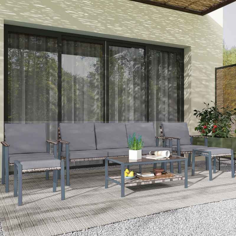 Outsunny 6 Piece Rattan Garden Furniture Set with 3-Seater Sofa, 2 Chairs and 2 Footstools, 7 Seater Outdoor Sofa Set with Glass Top Coffee Table and Cushions for Balcony, Grey