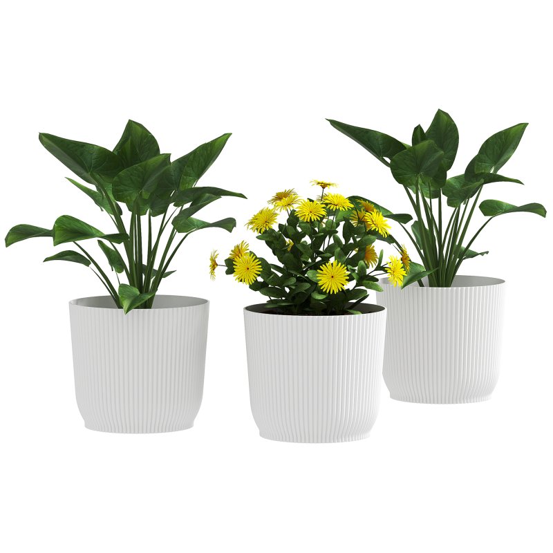 Outsunny Set of 3 Plastic Round Plant Pots Outdoor 22cm, Garden Planters, Flower Pots for Garden Decoration, Patios, Indoor, Outdoor, Home, White