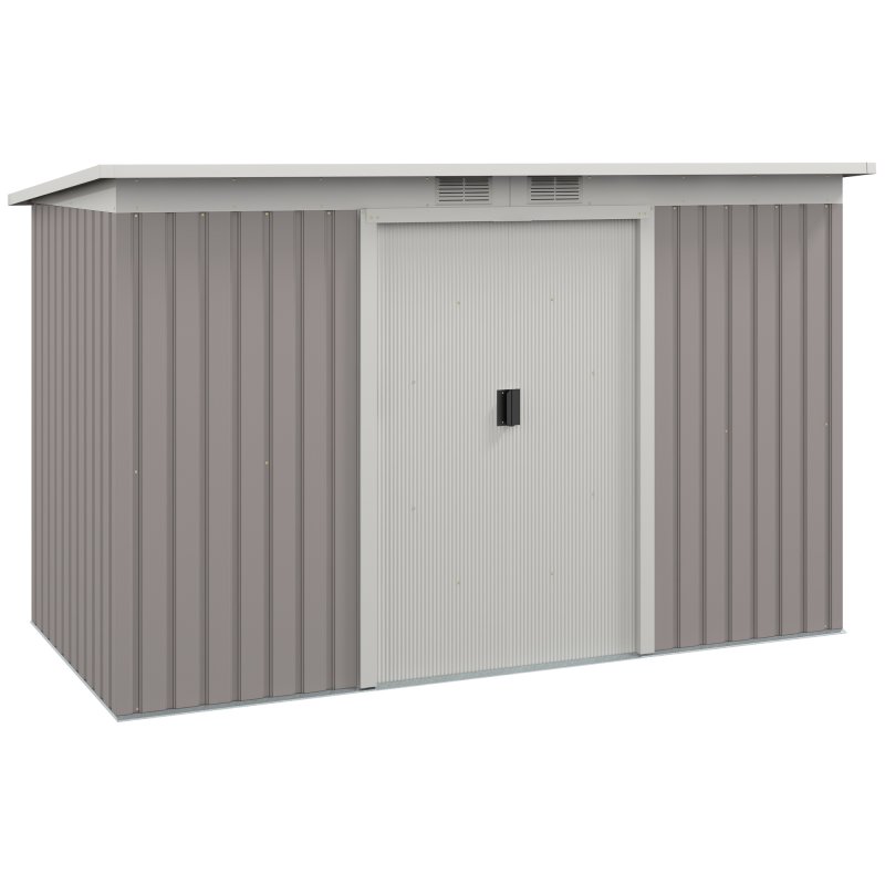 Outsunny 9ft x 4ft Metal Garden Shed, Outdoor Tool House with Foundation Kit, Ventilations and Double Doors, Light Grey