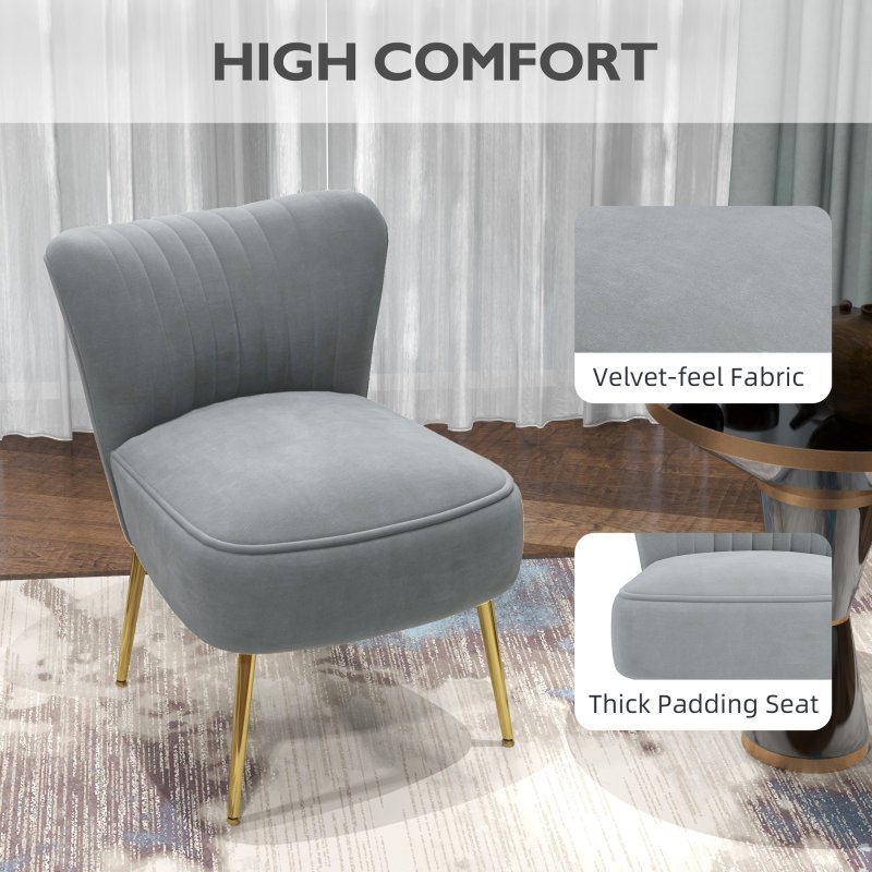 HOMCOM Armless Accent Chair, Upholstered Velvet Lounge Chair with Gold Tone Steel Legs for Bedroom, Living Room, Grey