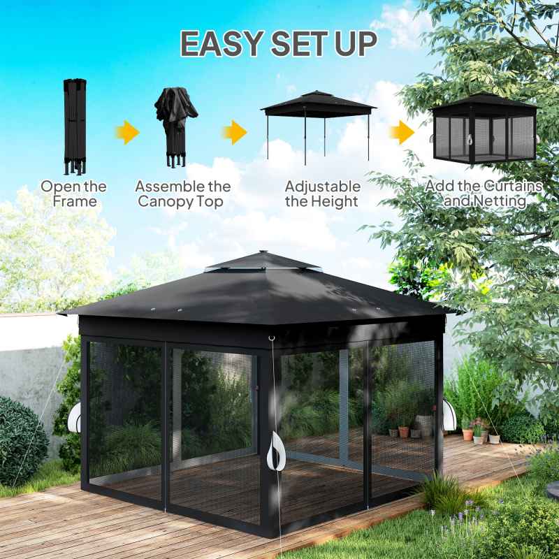 Outsunny 3 x 3(m) Pop Up Gazebo with Sides, 20 Solar-Powered LED Lights, Netting, Roller Bag, 4 Weight Bags, Marquee Party Tent, Height Adjustable Instant Event Shelter, Black