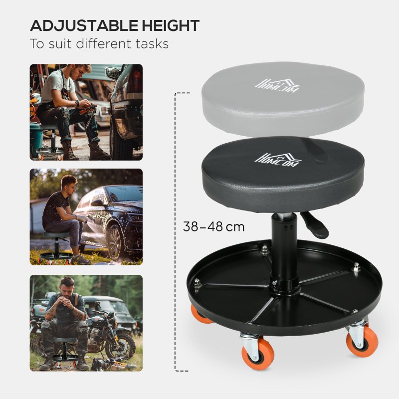 HOMCOM Workshop Stool, Rolling Mechanic Stool with Pneumatic Adjustable Height, 360 Degree Swivel, Padded Seat, Tool Tray, for Garage, Workshop, Auto Repair