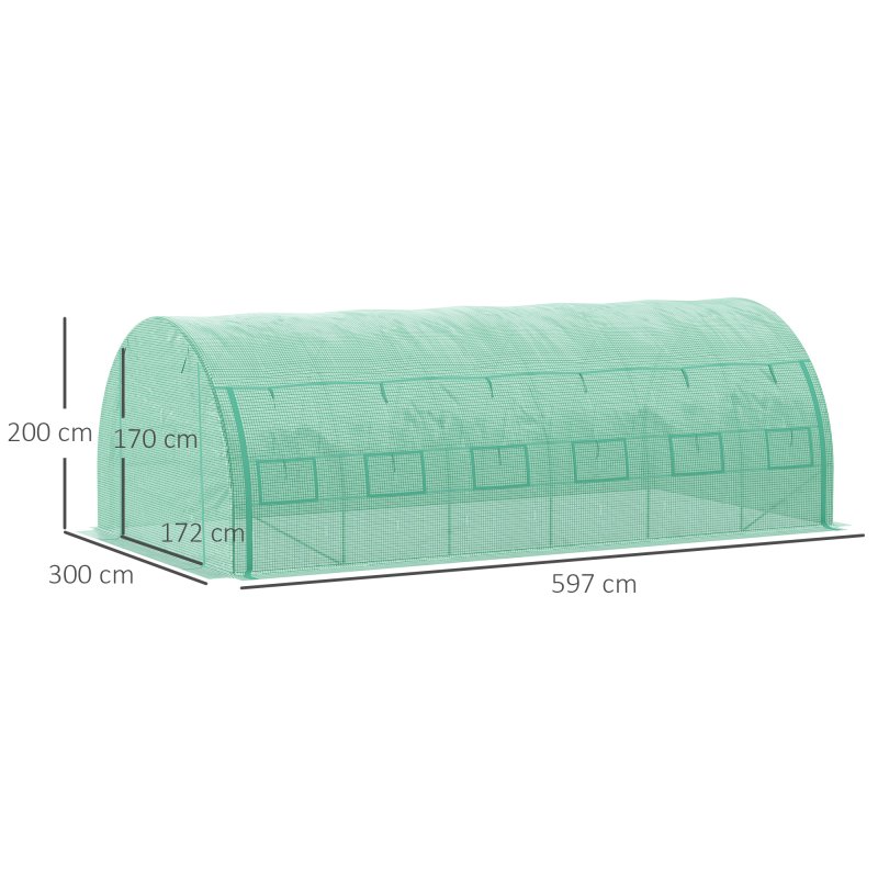Outsunny 6 x 3 x 2 m Polytunnel Greenhouse with Roll-up Side Walls, Walk-in Grow House Tent with Steel Frame, Reinforced Cover, Zipped Door and 12 Mesh Windows for Garden, Green