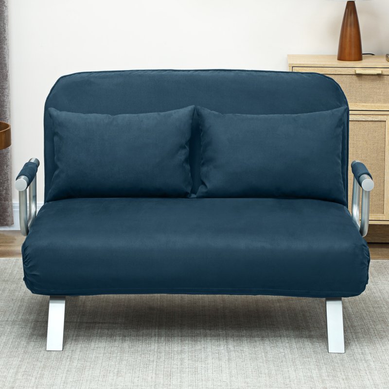 HOMCOM 2 Seater Sofa Bed, Click Clack Convertible Bed Settee, Modern Velvet Feel Fabric Sofa with 2 Cushions for Living Room, Bedroom, Guest Room, Navy Blue