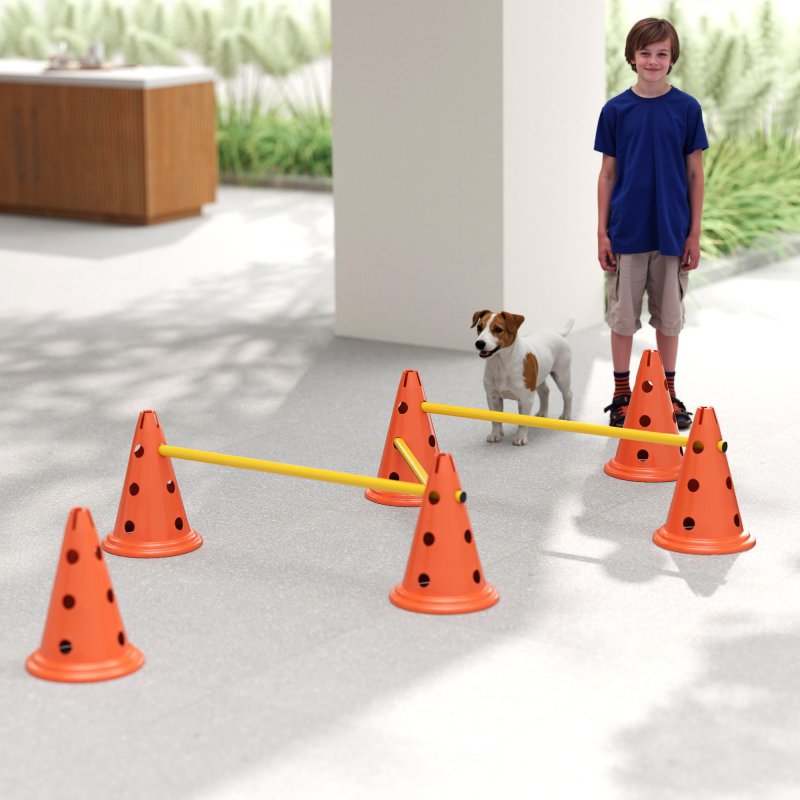 PawHut Dog Agility Set, Portable Pet Jump Training Equipment Kit for Six Cones, Six Poles with Carry Bag, Three-Piece Adjustable Height Jumping Obstacles, Orange