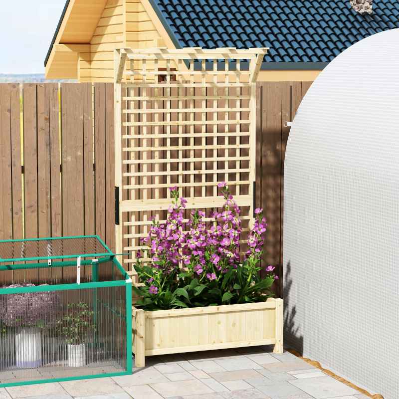 Outsunny Wood Planter with Trellis for Climbing Plants, Raised Bed, Planter Box with Drainage Holes to Grow Vegetables, Herbs and Flowers for Garden, Patio, Yard, Natural Wood Finish