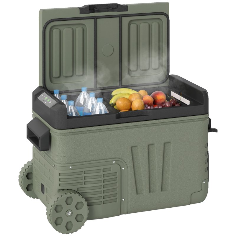 Outsunny 33L Camping Fridge Freezer Dual Zone, Portable Car Fridge 12V/24V DC & 100-240V AC, Electric Cool Box -20°C-20°C with Wheels and LED Light, for Travel, RV, Road Trip, Picnic [Energy Class E]