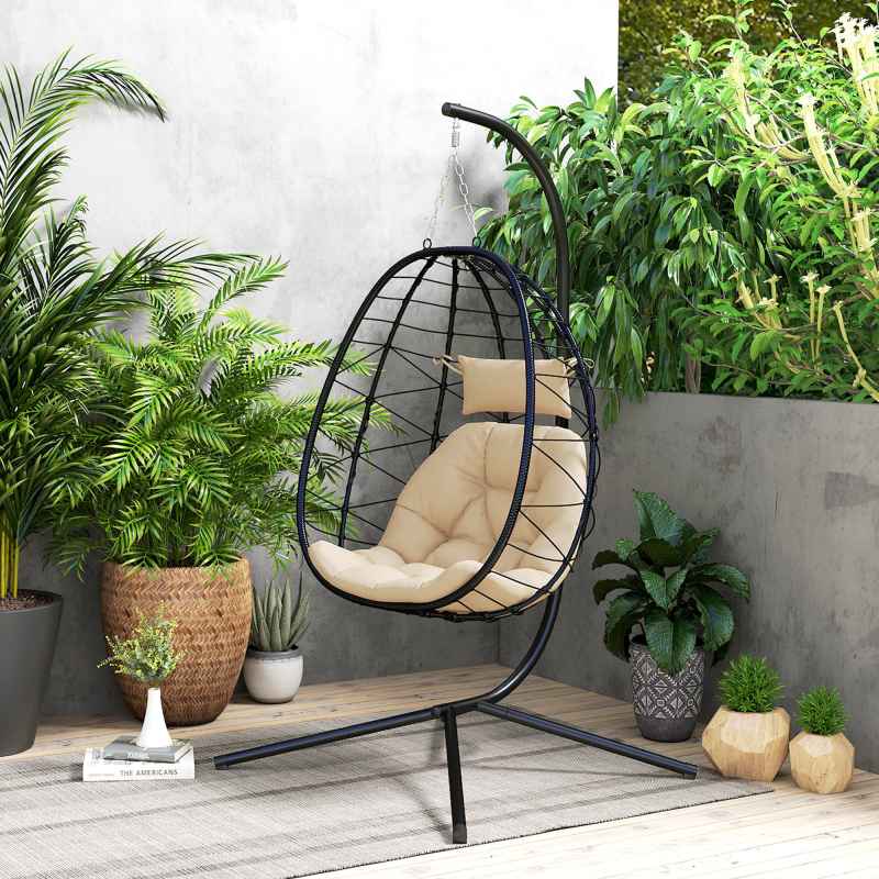 VIXLON Hanging Egg Chair With Stand, Yellow Wicker Patio Swing For Indoor & Outdoor Use With Cushion