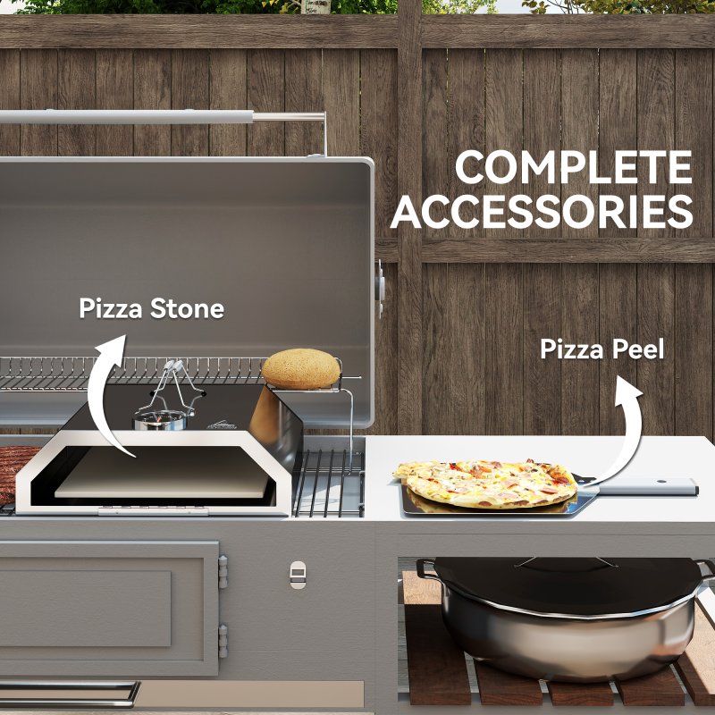 Outsunny 8 in Portable Stainless Steel BBQ Grill Top Pizza Oven with Built-in Thermometer and Viewing Window for Gas and Charcoal BBQ Grills, Includes Carry Handles, Pizza Stone and Peel, Silver Tone