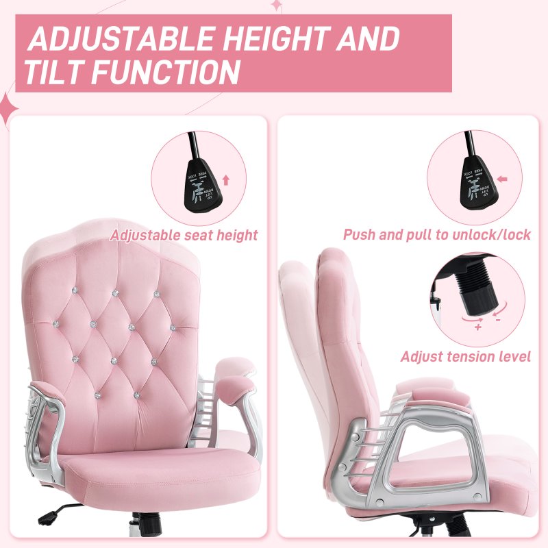 Vinsetto Home Office Chair, Velvet Computer Chair, Button Tufted Backrest with Swivel Wheels, Adjustable Height and Tilt Function, Pink