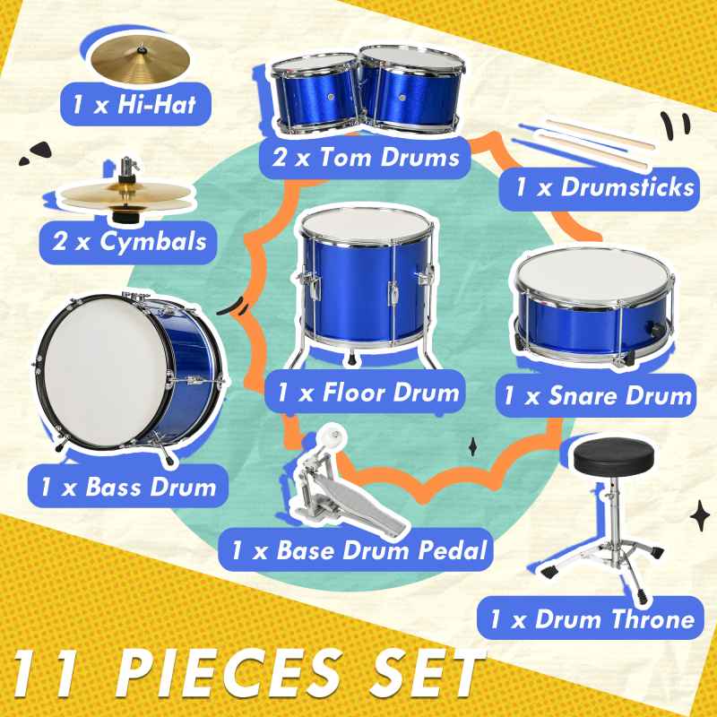 AIYAPLAY Drum Kit for Kids, Full Sized Drum Set with Five Drums, Two Cymbals, Stool, Drumsticks, Pedal, Cymbals, Musical instrument Toy, Blue