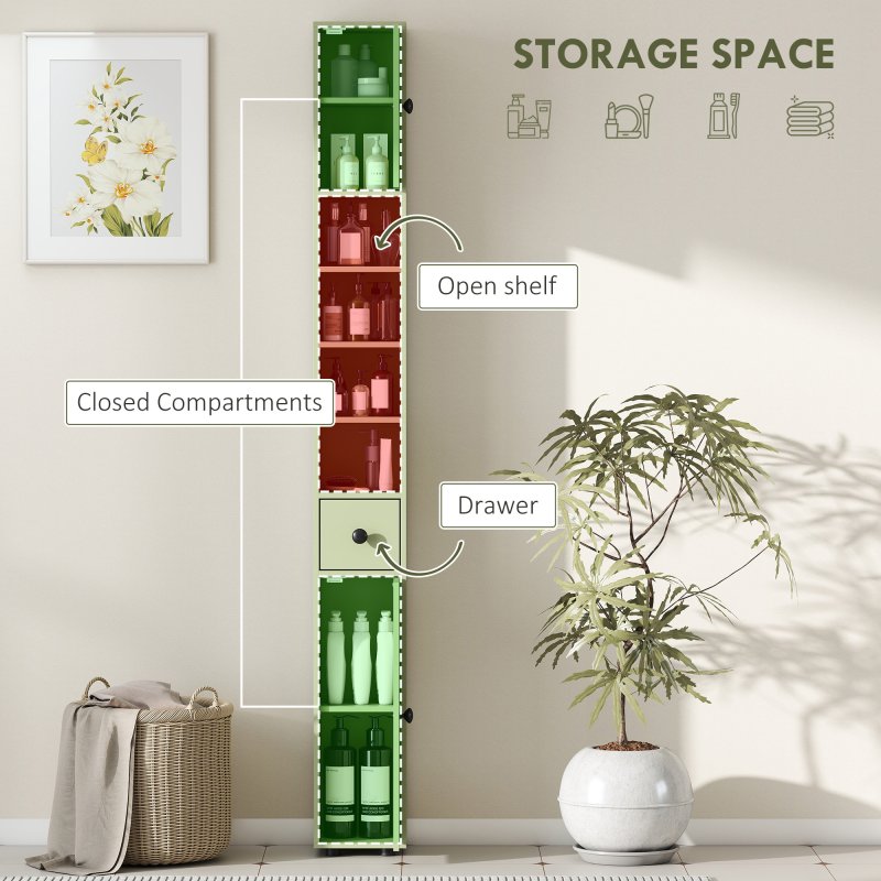 kleankin 180cm Tall Bathroom Cabinet, Slim Bathroom Storage Cabinet with 4 Open Shelves, 2 Door Cupboards and Adjustable Shelves, Green