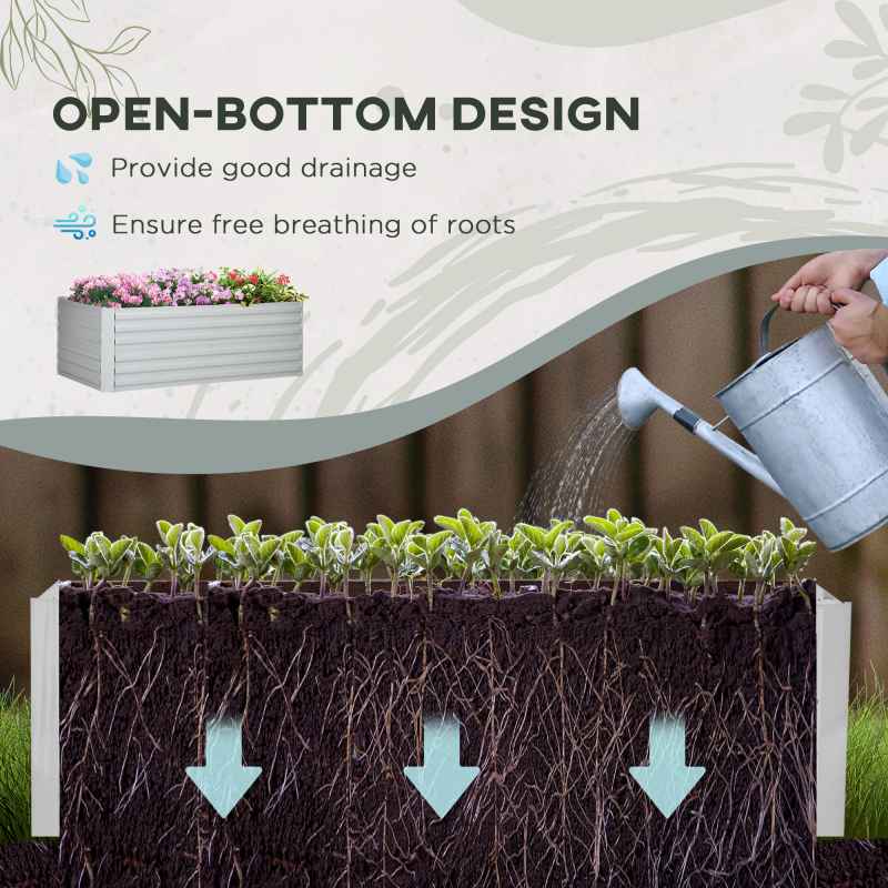 Outsunny Raised Beds for Garden, Galvanised Steel Outdoor Planters with Multi-reinforced Rods for Vegetables, Plants, Flowers and Herbs, 180 x 90 x 59 cm, Light Grey