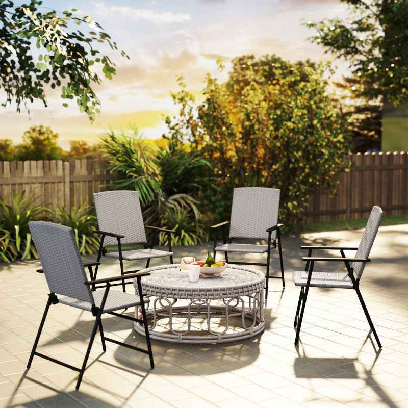 Outsunny Folding Garden Chairs Set of 4, PE Rattan Garden Dining Chairs with Armrests, High Back and Steel Frame, Weather Resistant Outdoor Dining Furniture for Patio, Balcony, Grey