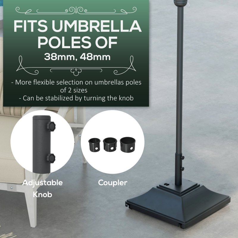 Outsunny Square Parasol Base with Wheels, 45kg Water or 60kg Sand Filled, Heavy Duty HDPE Umbrella Stand with Double Adjustable Knob, Fillable Parasol Stand for 38mm and 48mm Poles, Black