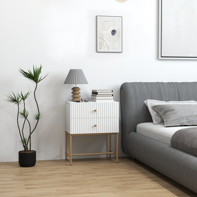 HOMCOM Bedside Table with 2 Drawers, Modern Bedside Cabinet with Storage and Metal Legs for Bedroom, Living Room, White