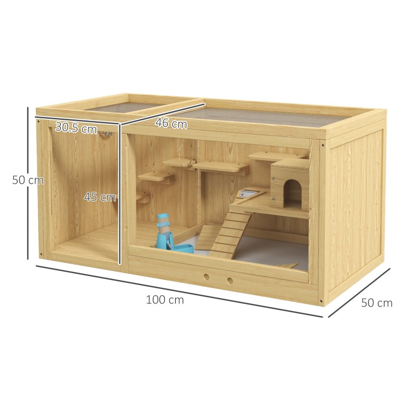 PawHut Wooden Hamster Cage with Water Bottle, Small Animal Exercise Play House with Platforms, Openable Roof, Sliding Tray, Hut, Seesaws, Natural Wood Finish