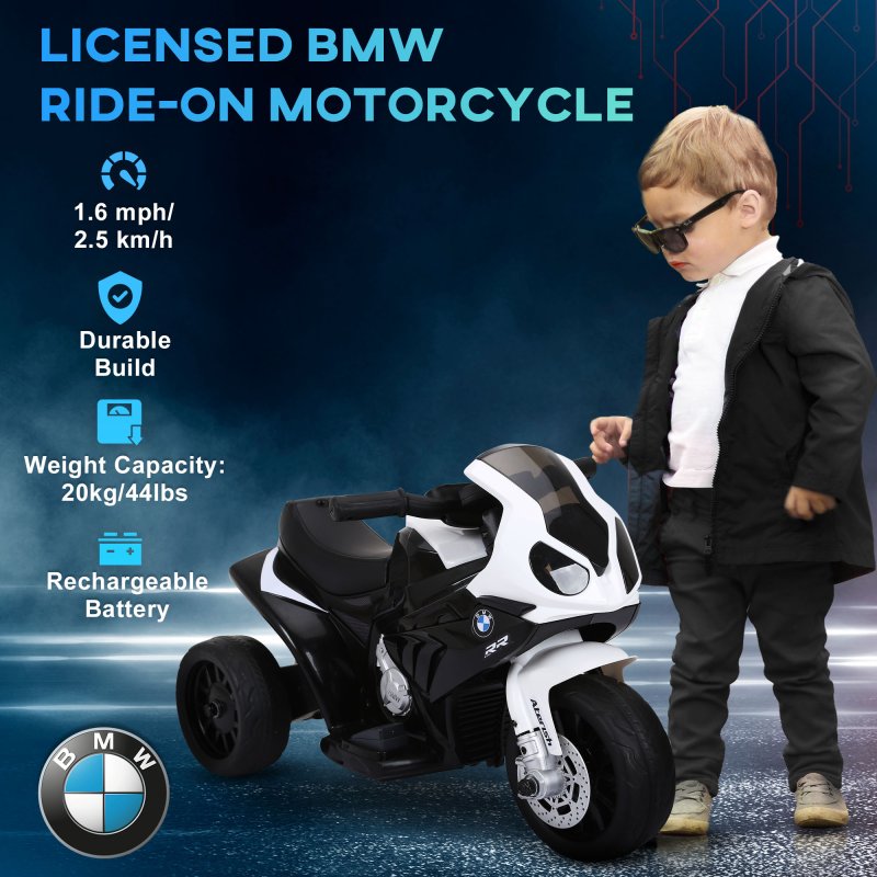 HOMCOM BMW S1000RR Licensed 6V Kids Electric Motorbike 3 Wheel Ride on Motorcycle w/ Headlights Music for 18-36 Months Black