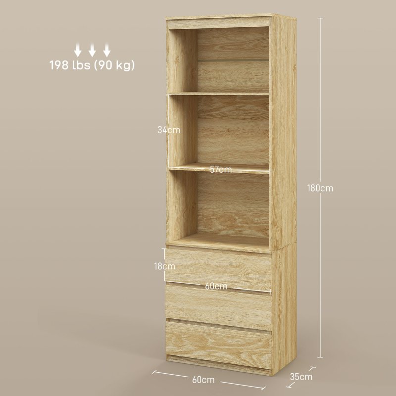 HOMCOM 180cm Tall Bookcase with Storage, Free Standing Bookshelf with 3 Shelves and 3 Drawers, Display Cabinet for Living Room, Home Office, Bedroom
