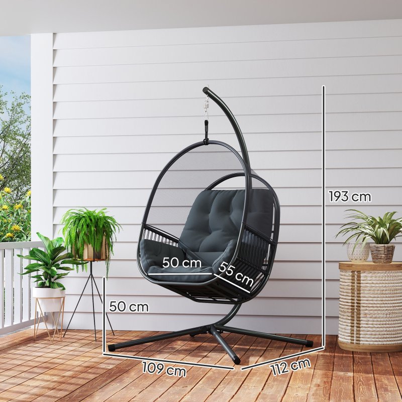 Outsunny Hanging Egg Chair Outdoor Indoor, Swing Hammock Chair with Stand, Cushions, Lumbar Pillow, Adjustable Height and Steel Frame for Garden Patio Lounge Porch, Dark Grey
