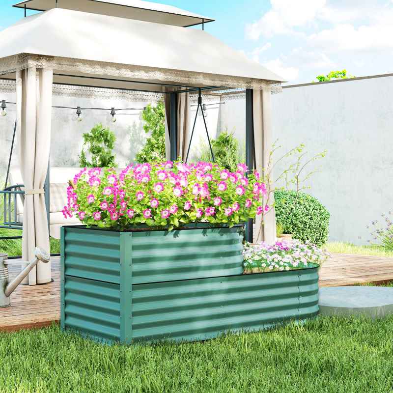 Outsunny 2-Tier Raised Garden Bed, Outdoor Galvanised Planter Box with Safety Edging and Gloves, Metal Raised Bed with Open Bottom for Vegetables, Flowers, Fruits and Herbs, Dark Green