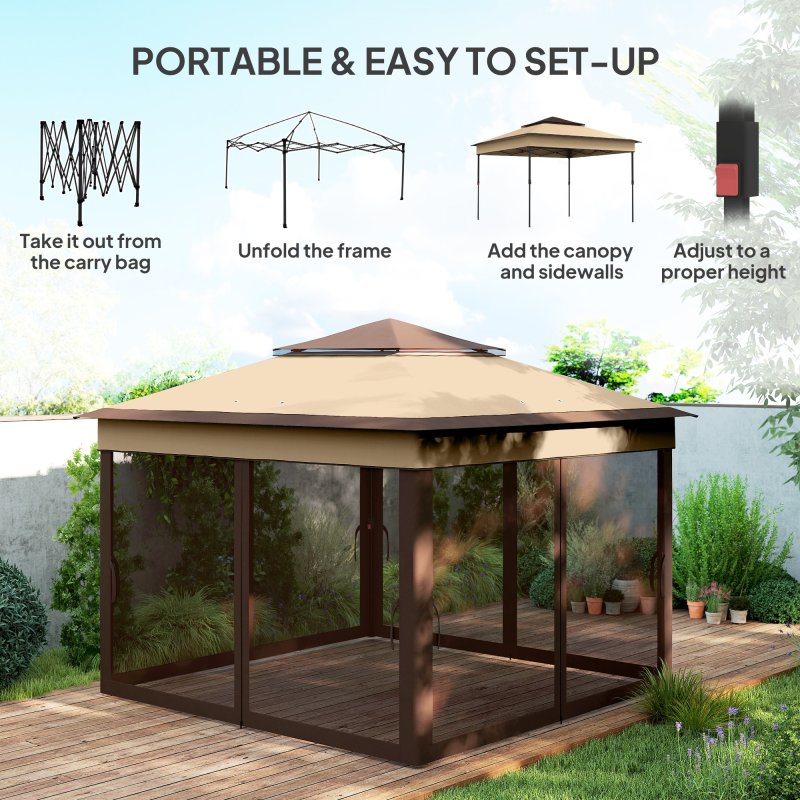 Outsunny 3 x 3(m) Pop Up Gazebo with Netting and Carrying Bag, Party Tent Instant Event Shelter, Height Adjustable and UV-Resistant, for Garden, Patio, Beige