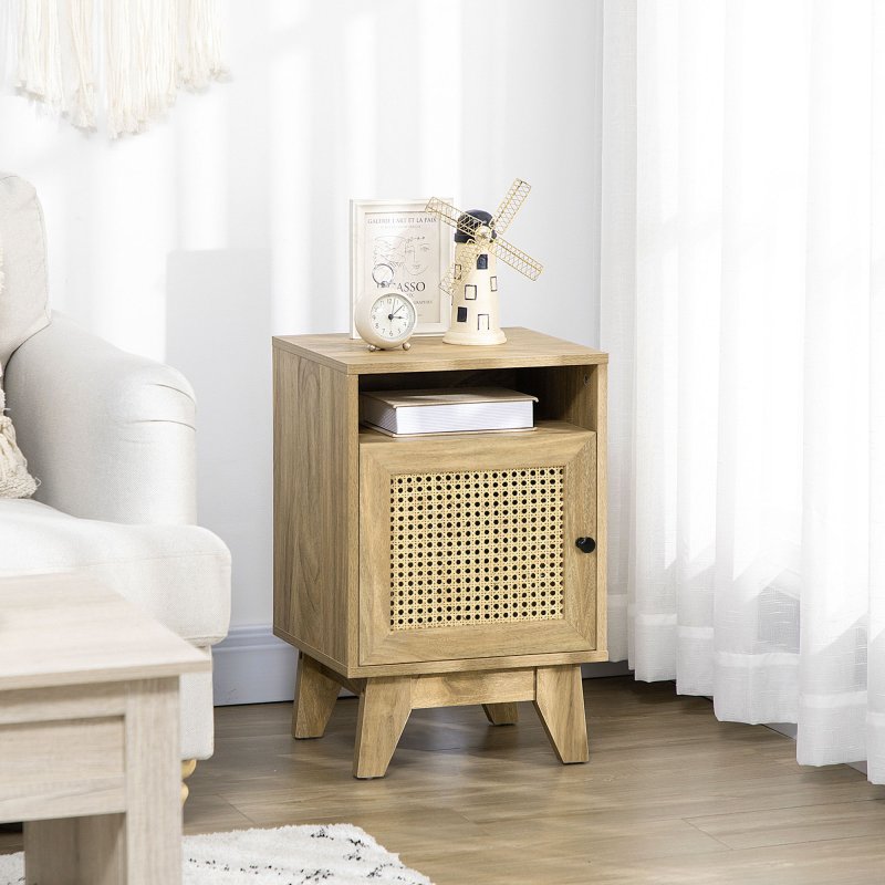 HOMCOM Bedside Table Nightstand with Storage Shelf and Door Cupboard, Side End Table with  Rattan Element for Living Room, Bedroom, Natural
