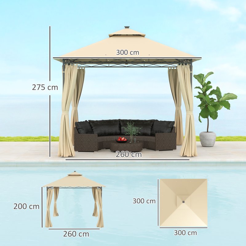 Outsunny 3 x 3 m Garden Gazebo, Double Roof Metal Gazebo with Curtains and Solar-Powered LED Lights, Outdoor Canopy Shelter for Patio, Deck, Beige