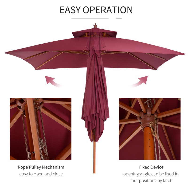 Outsunny 3 x 3(M) Garden Parasol Umbrella Sunshade, Outdoor Wooden Parasol with Double Tier Canopy, Wine Red