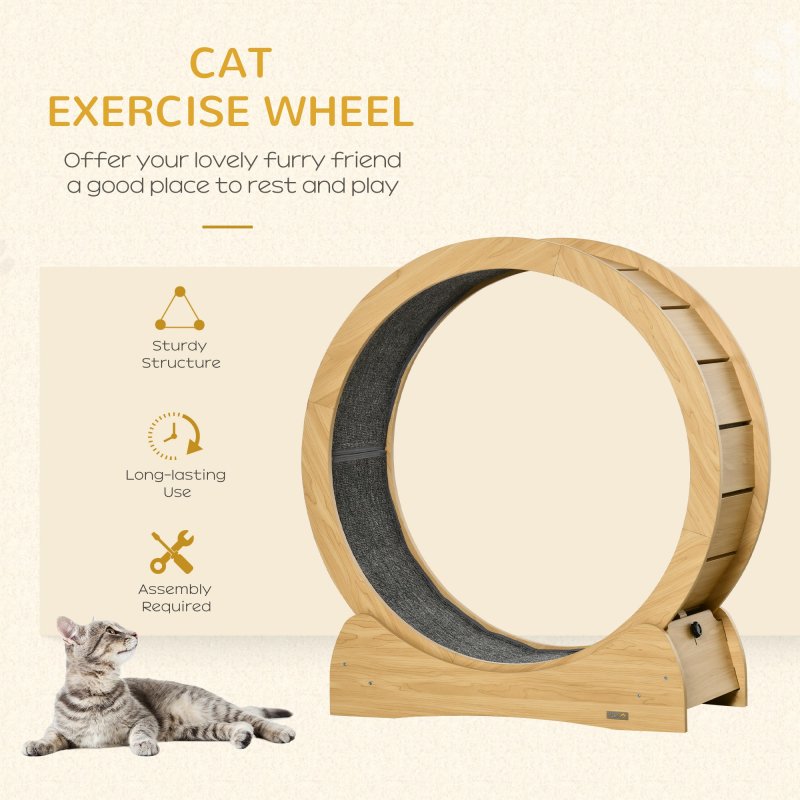 PawHut Cat Treadmill, Cat Exercise Wheel, 30 inch Kitten Running Wheel with Brake, Carpeted Runway for Exercise - Natural Wood Finish