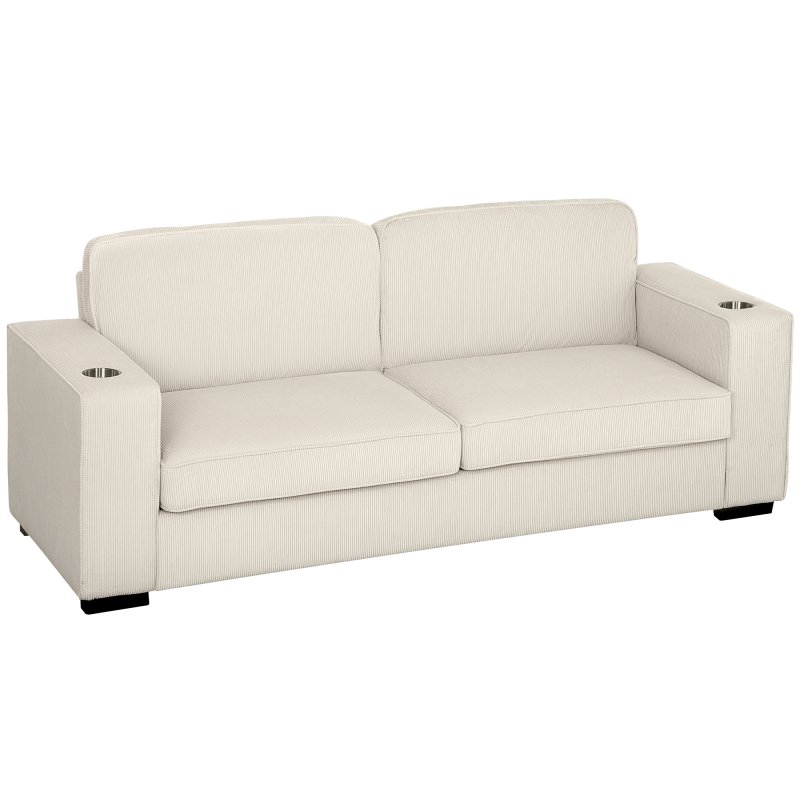HOMCOM Modern 3 Seater Sofa with Spring Cushion, 210 cm Fabric Sofa Couch with Cup Holders, Upholstered Settee for Living Room, Bedroom, Home Office, Cream White