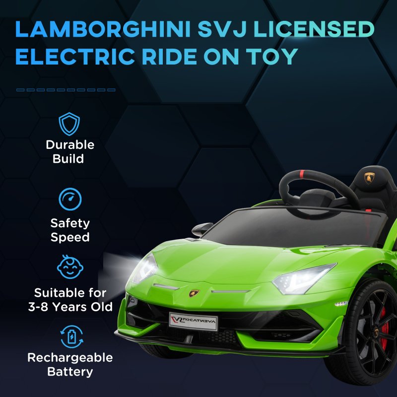 HOMCOM Lamborghini Aventador Licensed 12V Kids Electric Ride On Car Racing Car Toy with Parental Remote Control Battery-powered 2 Motors Music Lights for 3-8 Years Old Green