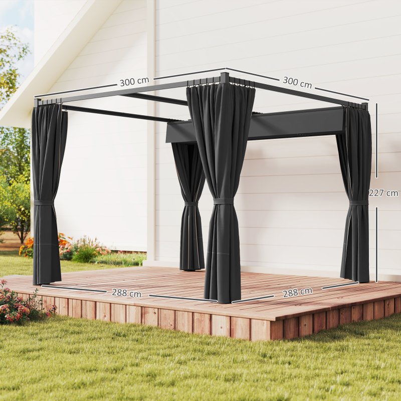 Outsunny 3 x 3(m) Pergola with Retractable Roof Canopy and Curtains, Metal Frame Garden Gazebo Outdoor Sun Shade Shelter for Grill, Patio, Deck, Charcoal Grey