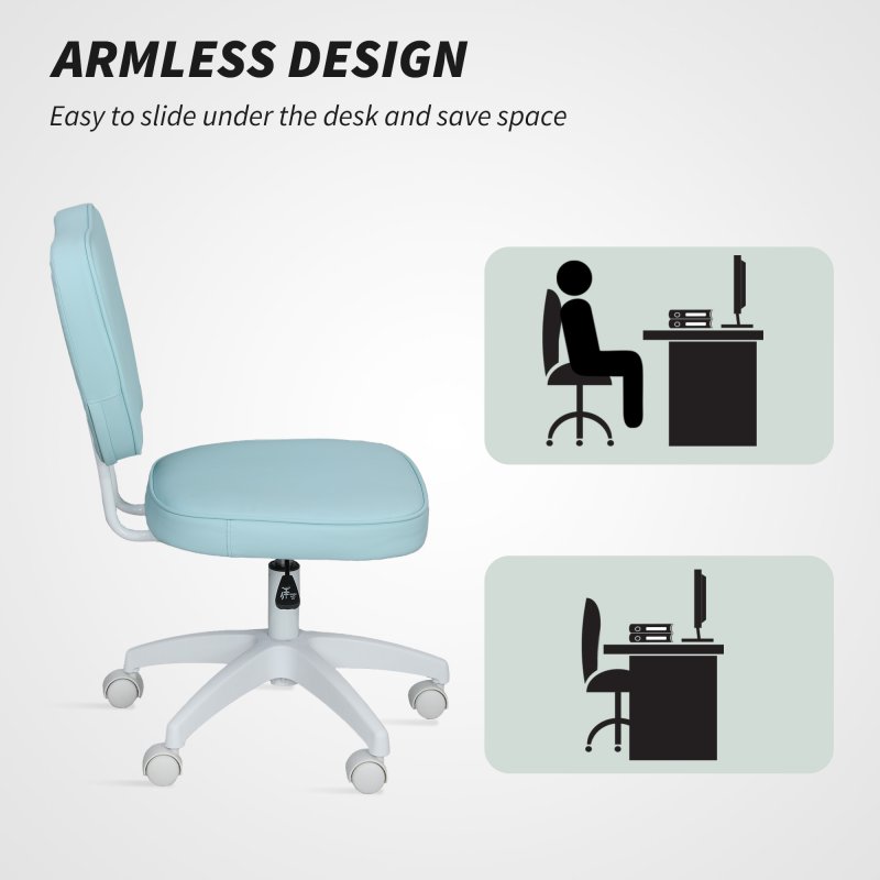 Vinsetto Cute Armless Office Chair, Small PU Leather Computer Desk Chair with Adjustable Height, Swivel Wheels, Mid Back, Light Blue