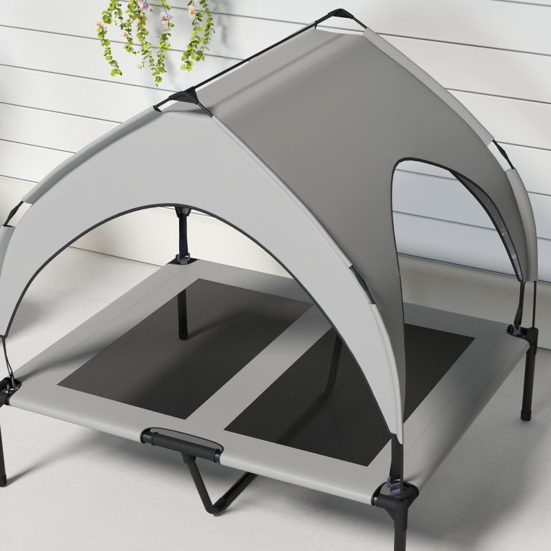 PawHut Cooling Raised Dog Bed, Elevated Pet Bed with Breathable Mesh, UV Protection Canopy, Foot Pads, for Indoor Outdoor, Medium, Large Dogs, 91 x 76 x 89cm - Light Grey