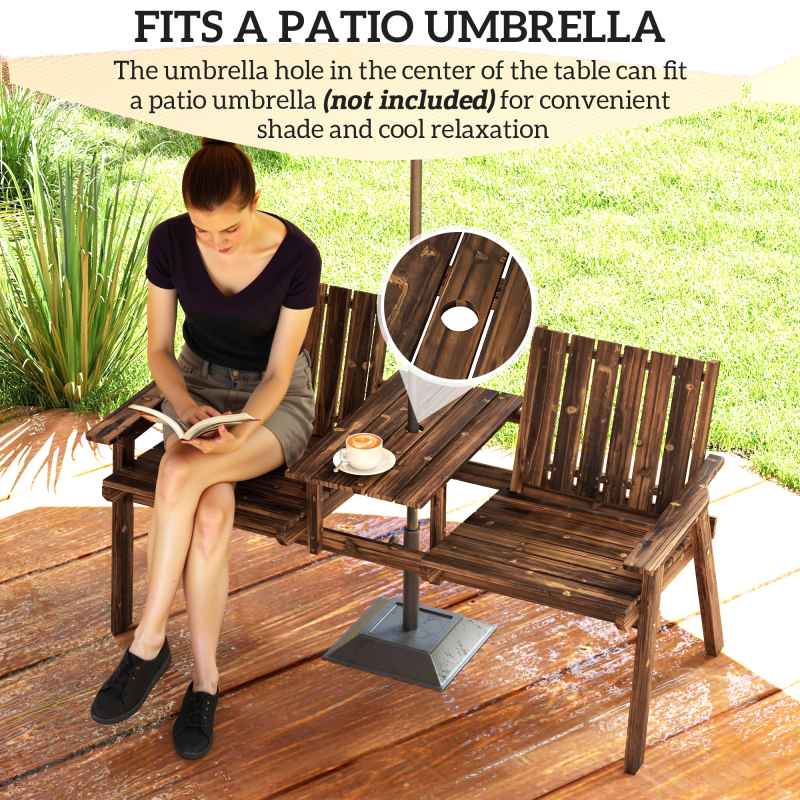 Outsunny 2-Seater Wooden Garden Bench, Antique Loveseat Chair with Table & Parasol Hole, Outdoor Bench for Porch, Patio, Carbonised Finish