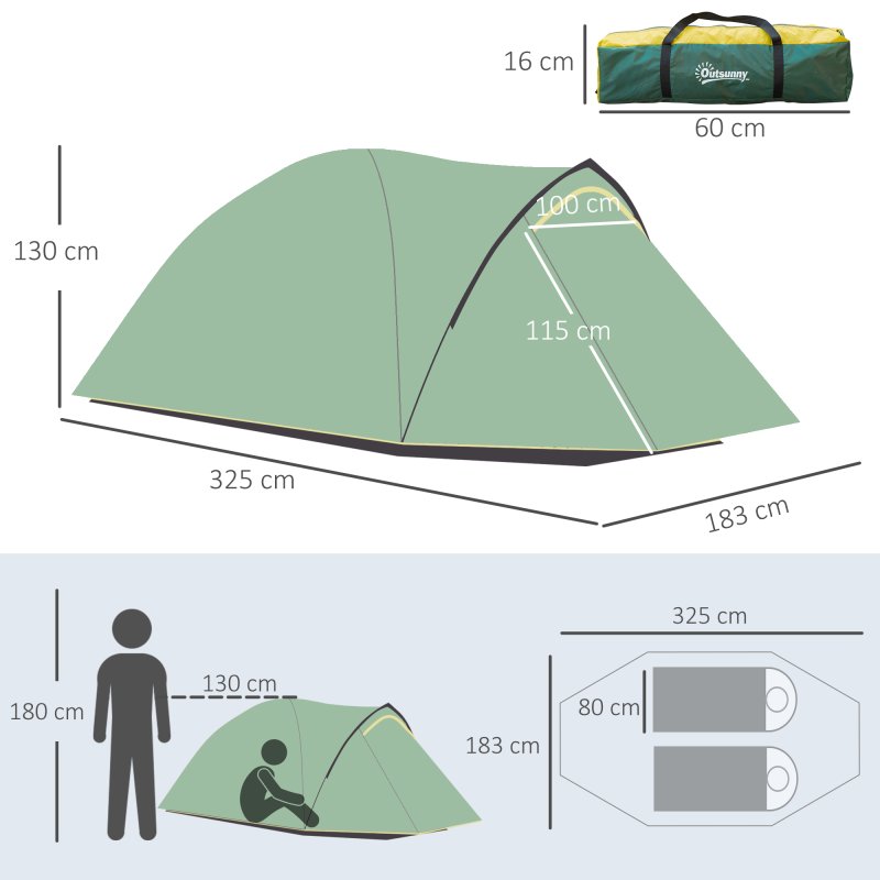 Outsunny Two-Man Camping Tent Dome Tent with Weatherproof Shell, Vestibule & Windows, for Fishing & Hiking, Green and Yellow